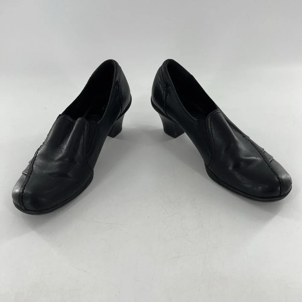 G H Bass & Co Leather Pump Low Chunky Heel Womens 9 M Black Kitten Ruched Tenley